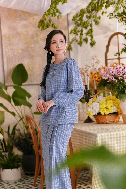 The Sarang Women Princess Blouse - Yale Blue Checked Delicate Pleat Blouse