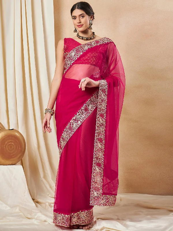 Women's Net Pink Embellished Designer Saree With Blouse Piece Stretchy Fitted Blouse