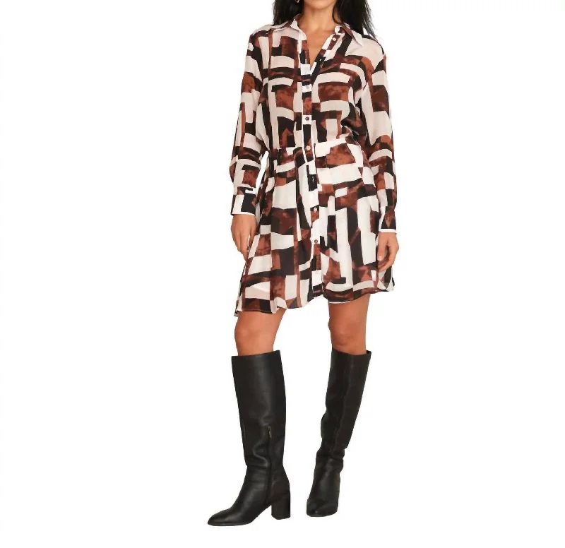 Melanie Mini Dress In Brown Geo Chic Pleated Mini Dress