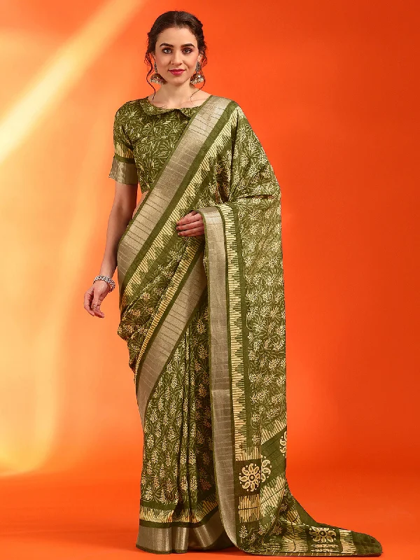 Women's Cotton Silk Olive Printed Designer Saree With Blouse Piece Embroidered Cotton Blouse