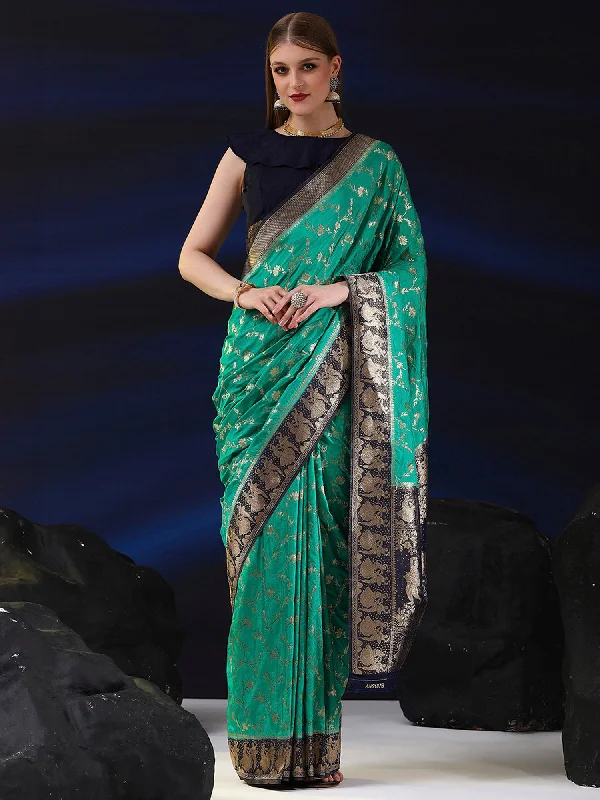 Women's Silk Blend Teal blue Woven Design Designer Saree With Blouse Piece Soft Knit Blouse