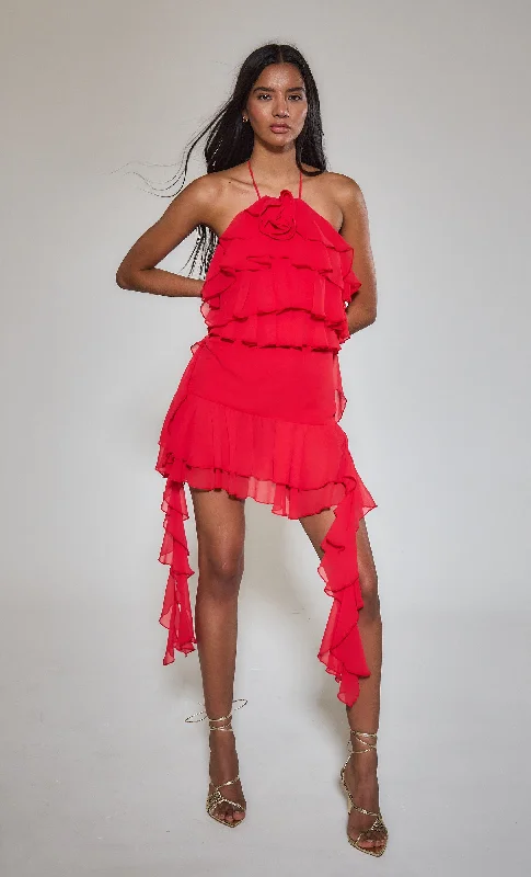 Red Ruffle Corsage Halter Mini Dress Classic Floral Print Mini Dress