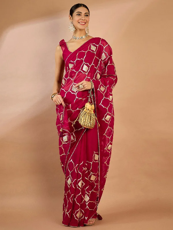 Women's Georgette Pink Embellished Designer Saree With Blouse Piece Pleated Collar Blouse