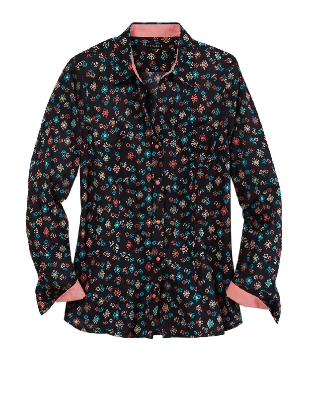 Tin Haul Womens Floral Aztec Print Black 100% Cotton L/S Shirt-- Satin Blend Silk Blend Wool Blend