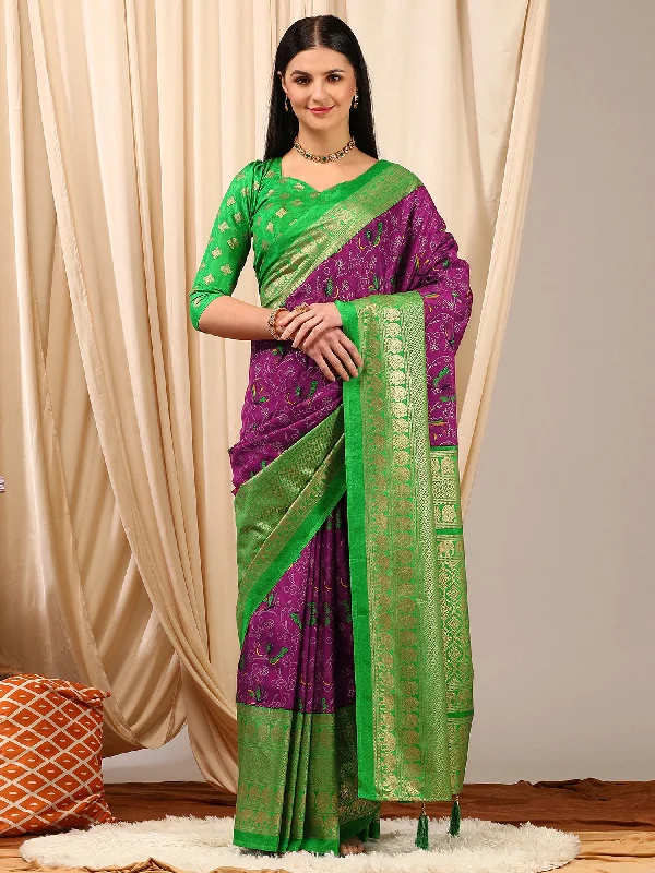 Women's Cotton Blend Purple Printed Designer Saree With Blouse Piece Office Formal Blouse