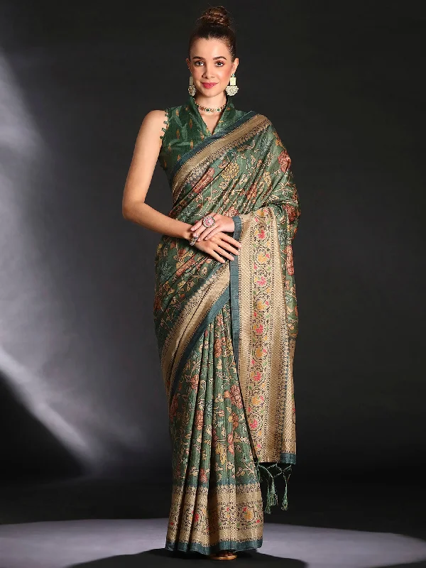 Women's Cotton Blend Sea Green Printed Designer Saree With Blouse Piece Pleated Collar Blouse