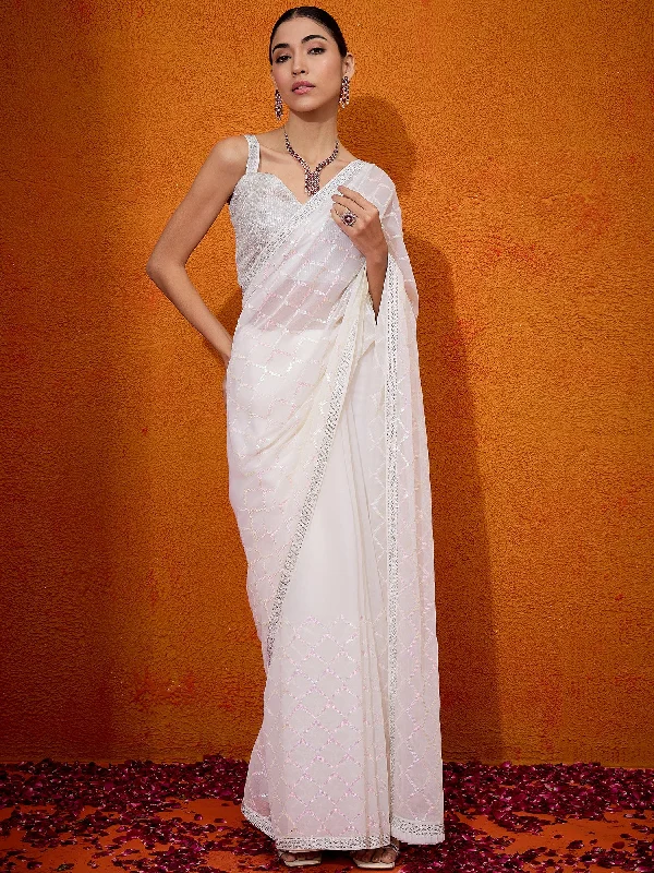 Women's Georgette Off White Embellished Designer Saree With Blouse Piece Collared Satin Blouse