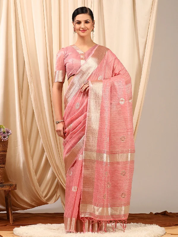 Women's Linen Pink Woven Design Designer Saree With Blouse Piece Soft Modal Blouse