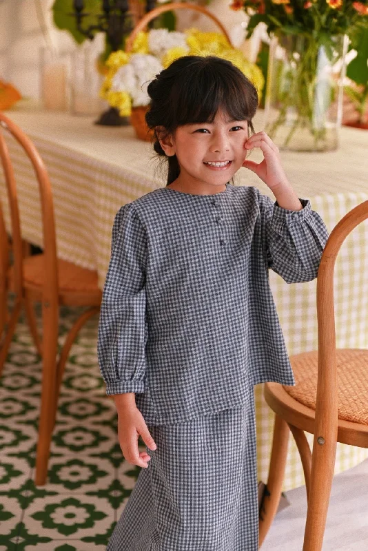 The Sarang Princess Blouse - Light Navy Checked Sweetheart Neck Blouse