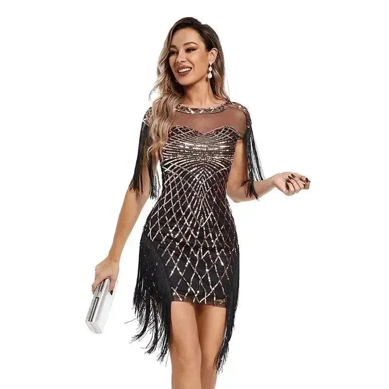 Women Sequined Vintage Party Nightclub Embroidery Mini Dress Fashionable Boho-Chic Mini Dress