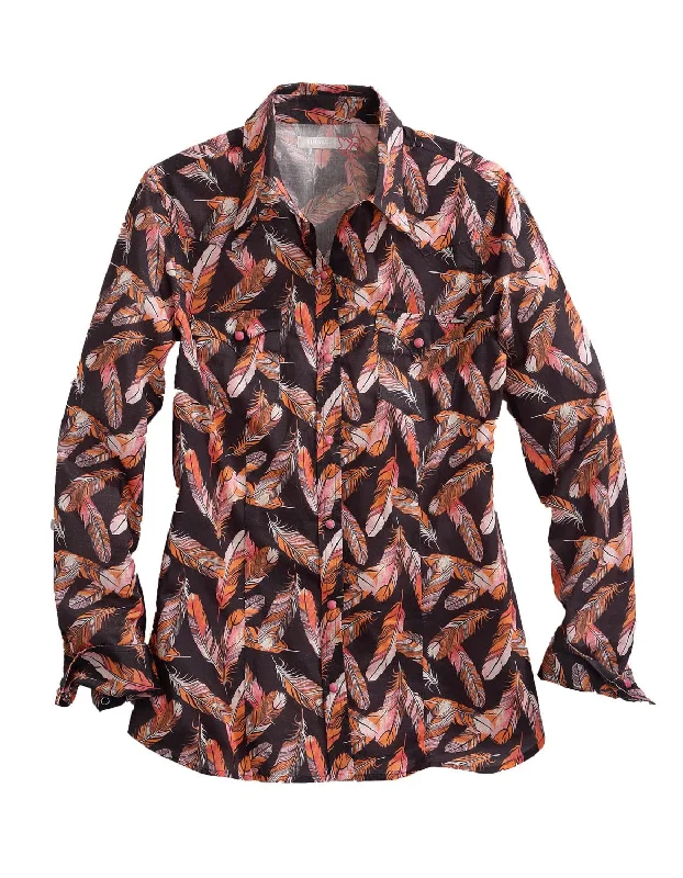 Tin Haul Womens Black 100% Cotton Gray Feather L/S Shirt-- Cashmere Blend Cotton Blend Poly Blend