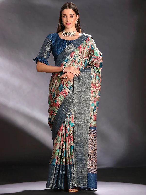 Women's Silk Blend Multicolored Printed Designer Saree With Blouse Piece Elegant Silk Blouse