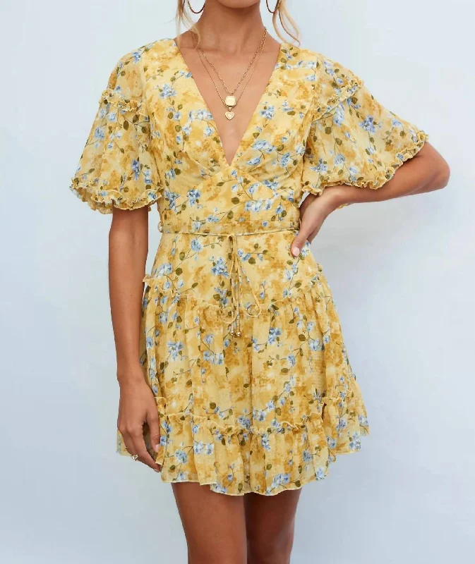 Short Sleeve Mini Dress In Yellow Floral Trendy Bodycon Mini Dress