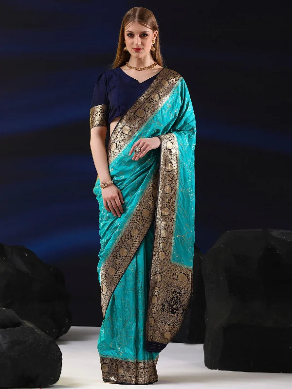 Women's Silk Blend Light Blue Woven Design Designer Saree With Blouse Piece Balloon Sleeve Blouse