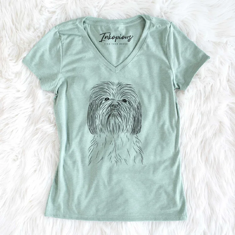 Bare Scully the Shih Tzu - Women's V-neck Shirt-- Mesh Blend Leather Blend Suede Blend