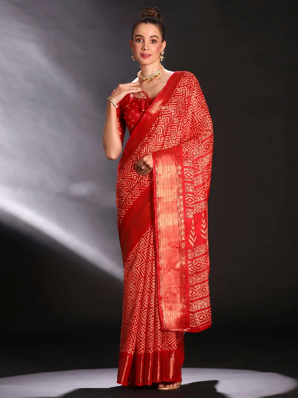 Women's Art Silk Red Printed Designer Saree With Blouse Piece Boho Chic Blouse
