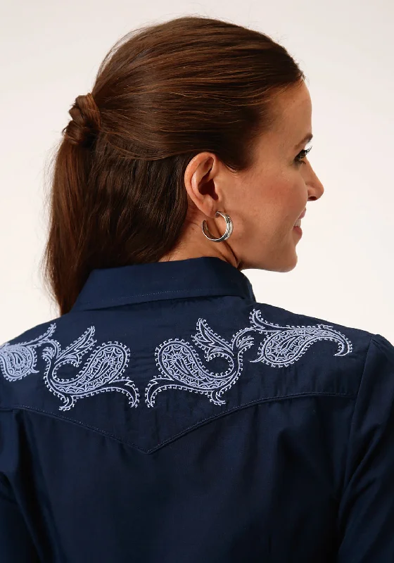 Roper Womens Navy Cotton Blend Solid Paisley L/S Shirt-- Fleece Fabric Down Fabric Feather Fabric