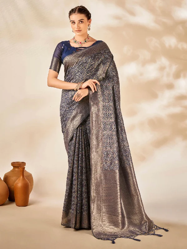 Women's Cotton Silk Navy Blue Woven Design Designer Saree With Blouse Piece Feminine Puff Blouse