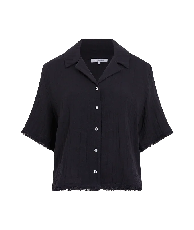 Fray Edge Detail Shirt - Black-- Hooded Caped Shawl Collar