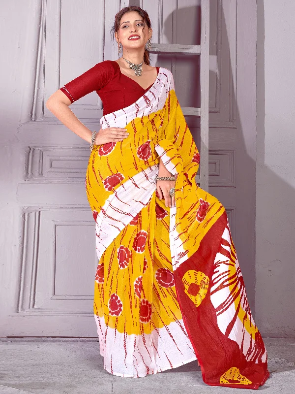 Women's Cotton Yellow Printed Designer Saree With Blouse Piece Playful Puff Blouse