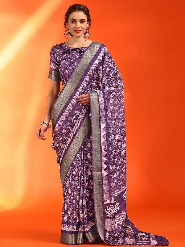 Women's Cotton Silk Violet Printed Designer Saree With Blouse Piece Feminine Pastel Blouse
