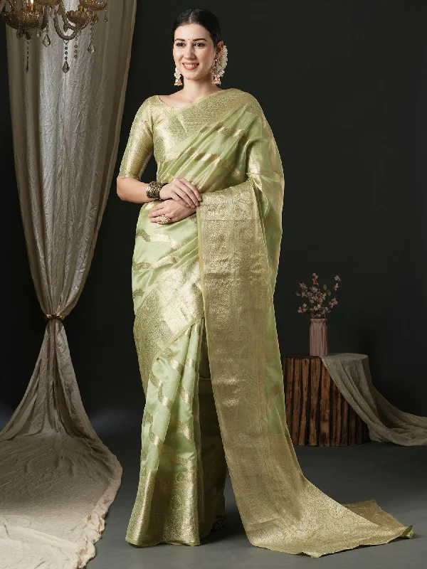 Women's Organza Light Green Woven Design Designer Saree With Blouse Piece Stylish Wrap Blouse