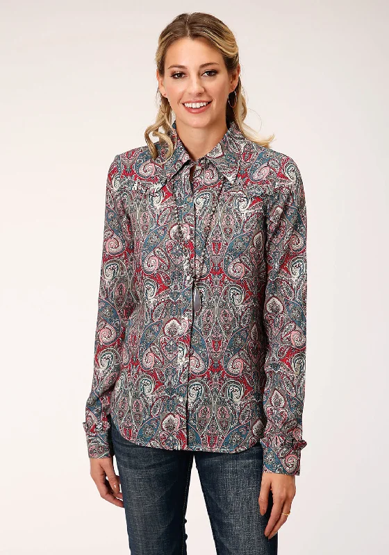 Roper Womens Sage Rayon/Nylon Paisley L/S Romantic Shirt-- Notch Collar Peter Pan Collar Cowl Neck