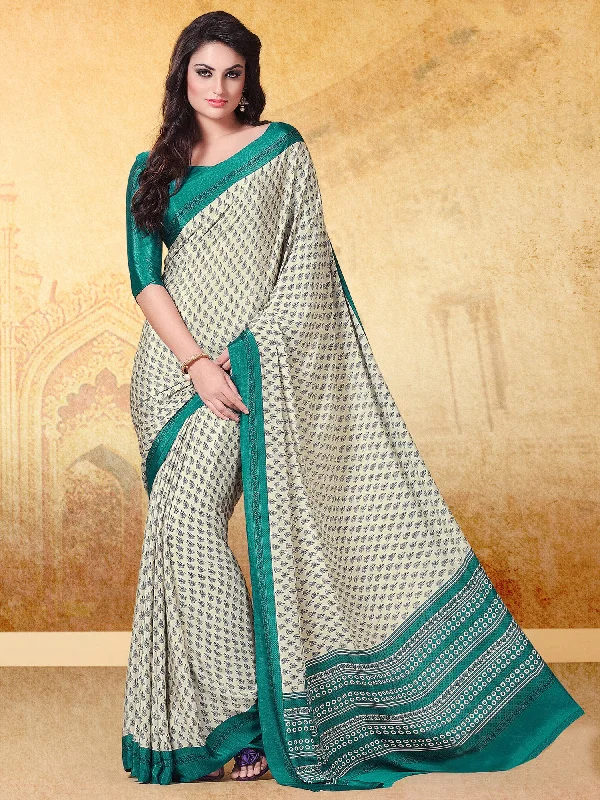 Women's Crepe Cream Printed Designer Saree With Blouse Piece Feminine Ruffle Blouse