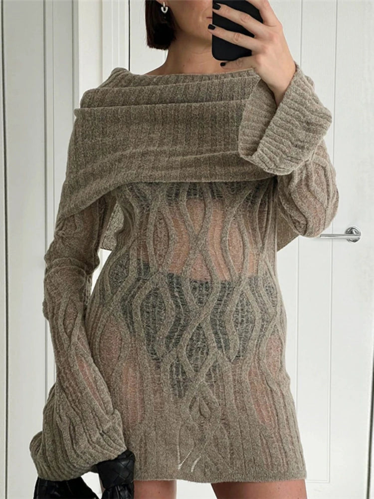 Advbridge Knitted Mini Dress For Women Slim Rib High Waist Flare Sleeve Dresses Femme Autumn Winter Bodycon Sexy Dress Woman Casual V-Neck Mini Dress