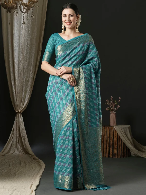 Women's Silk Blend Blue Woven Design Designer Saree With Blouse Piece Drape Neck Blouse