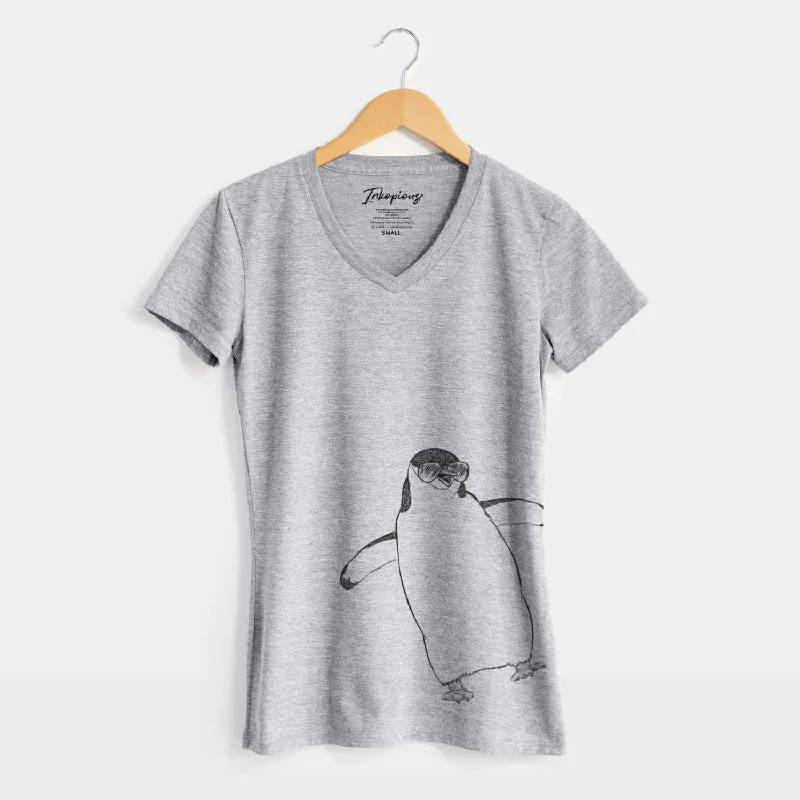 Aviator Chive the Chinstrap Penguin - Women's V-neck Shirt-- Embroidered Appliqued Beaded