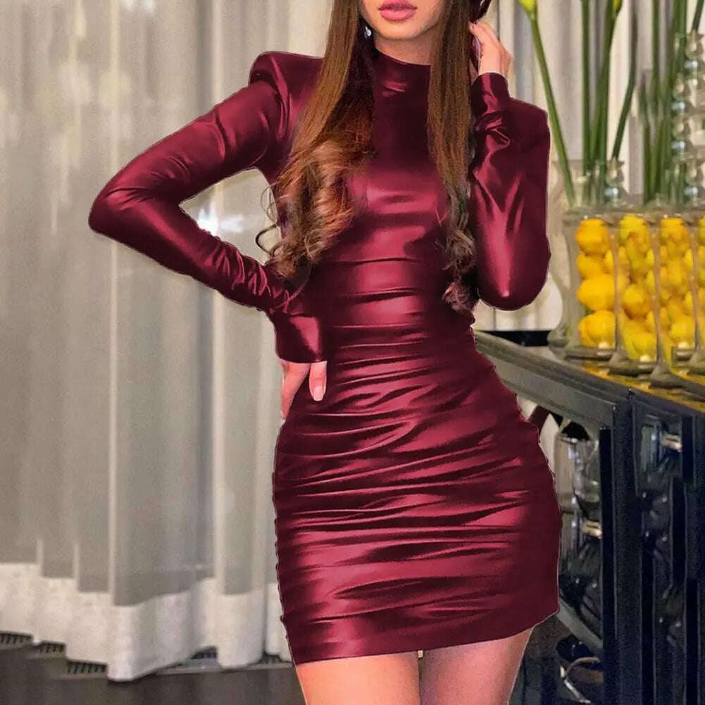 Pu Leather Mini Dress Ruched Turtleneck Long Sleeve Bodycon Bandage Sexy Streetwear Party Elegant Autumn Winter Club Fashionable Mini Dress with Pockets