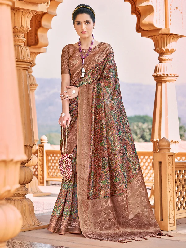 Women's Silk Blend Brown Woven Design Designer Saree With Blouse Piece Vintage Polka Blouse