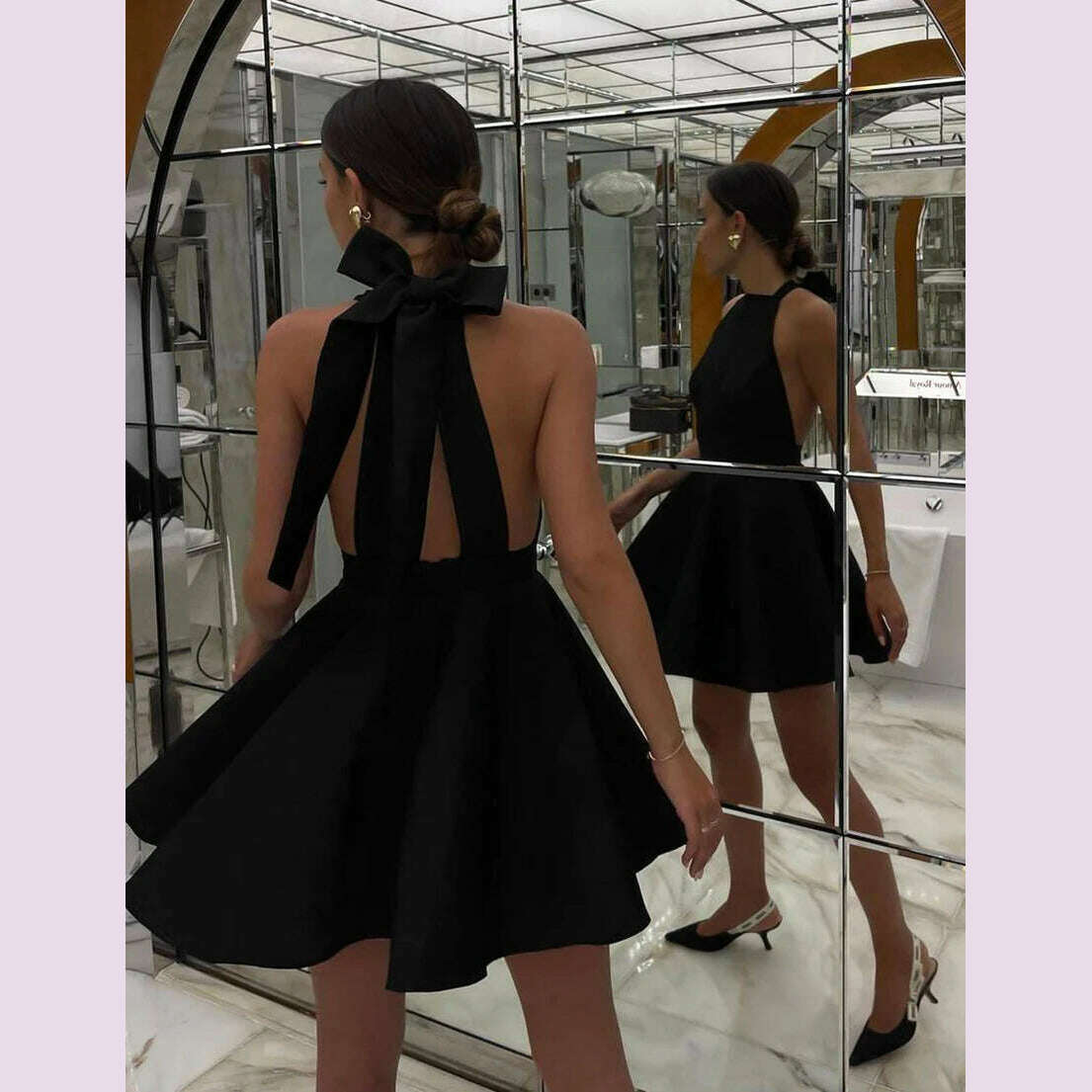 Mnealways18 Party Black A-Line Satin Dress For Women Halter Neck Backless Sexy Evening Dress Summer 2024 Pockets Mini Dress Lady Stylish Sweetheart Neck Mini Dress