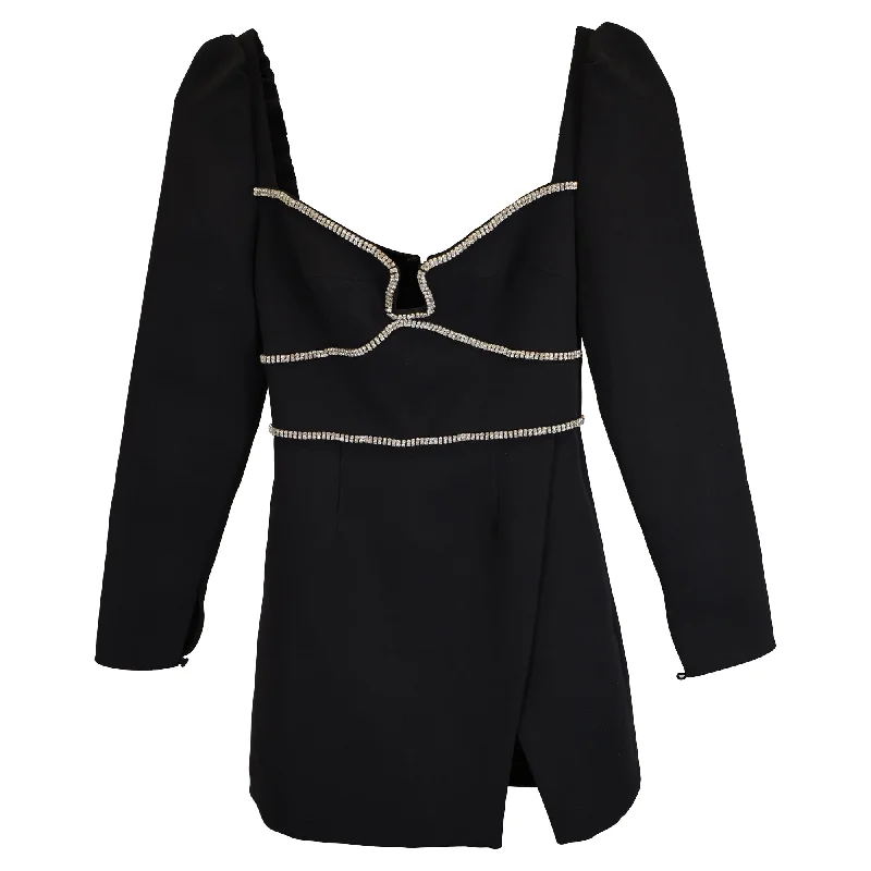 Self-Portrait Diamanté-Trim Mini Dress in Black Polyester Cozy Knit Mini Dress