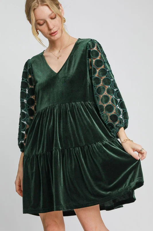 Dotted Lace Sleeve Tiered Velvet Mini Dress Comfortable Fit-and-Flare Mini Dress