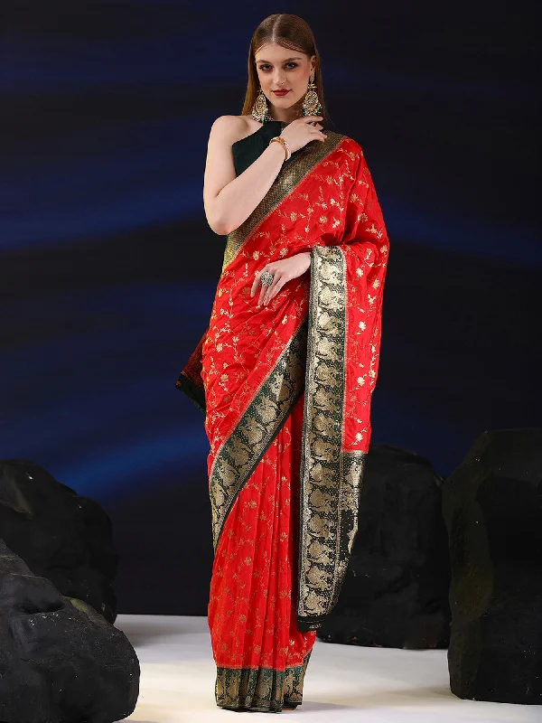 Women's Silk Blend Red Woven Design Designer Saree With Blouse Piece Lightweight Tunic Blouse