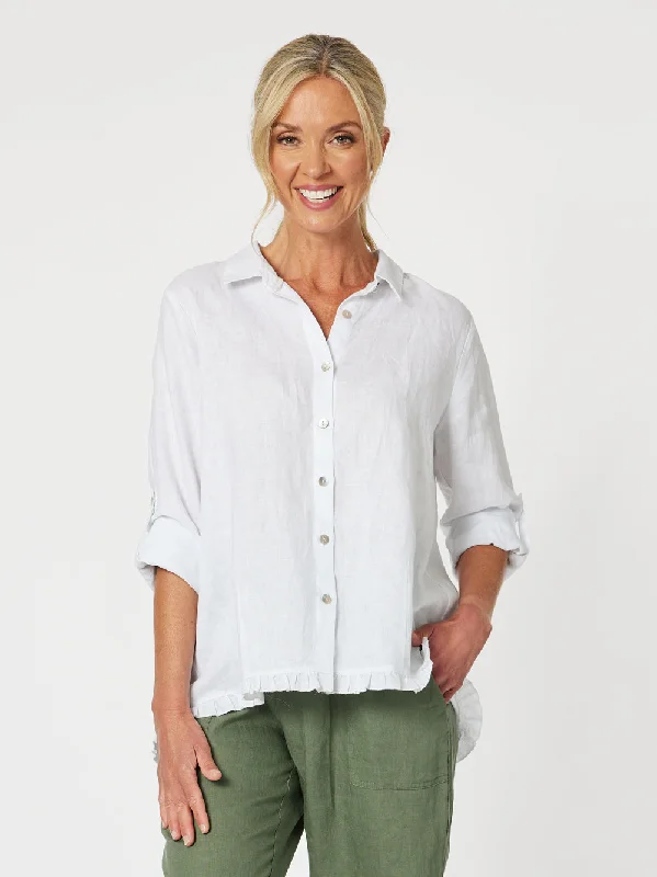 Ruffle Hem Linen Shirt - White-- Anti-Shrink Durable Soft