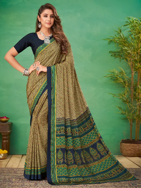 Women's Crepe Beige Printed Designer Saree With Blouse Piece Office-Ready Blouse