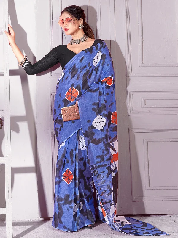 Women's Cotton Blue Printed Designer Saree With Blouse Piece Elegant Embroidery Blouse