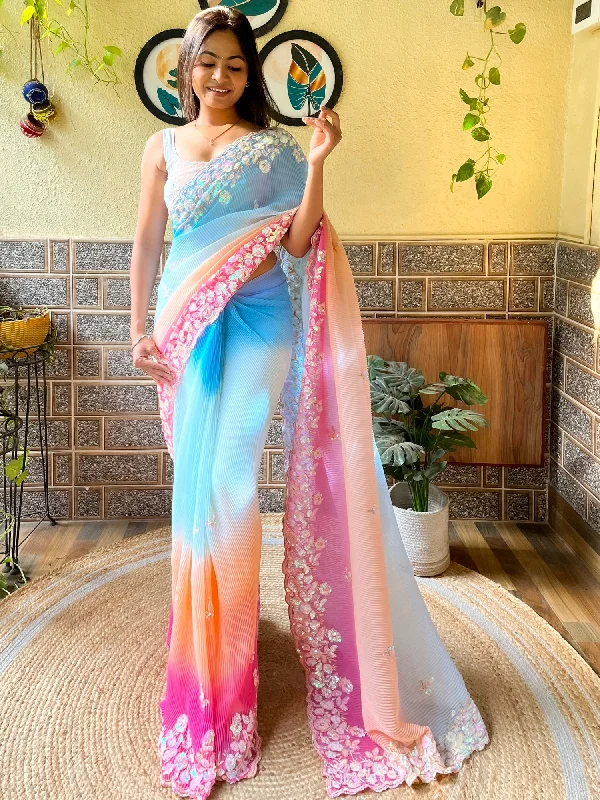Women's Georgette Light Blue Embellished Designer Saree With Blouse Piece Feminine Ruffle Blouse