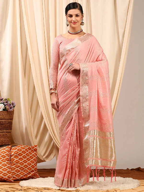 Women's Linen Pink Woven Design Designer Saree With Blouse Piece Double Button Blouse