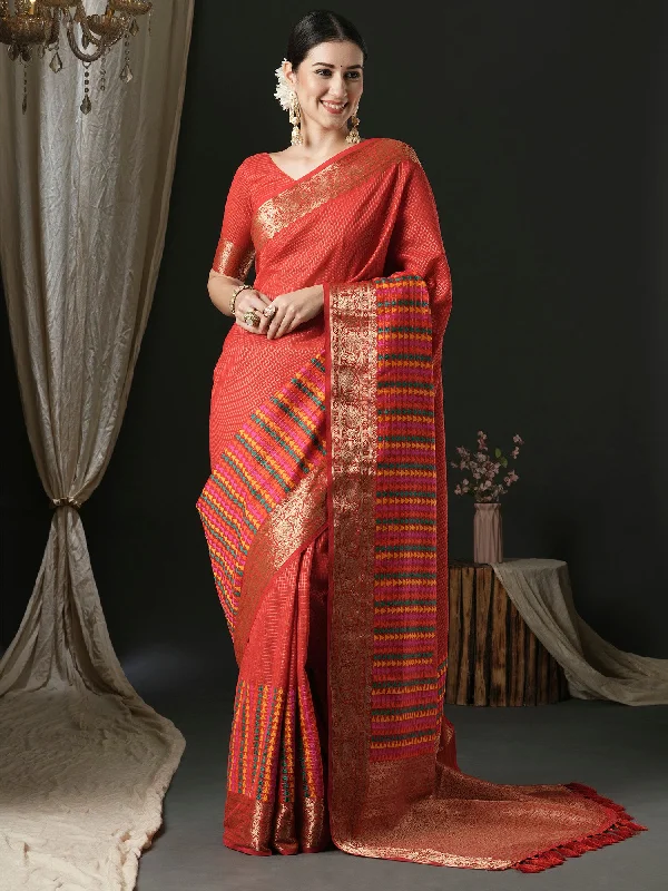 Women's Silk Blend Red Woven Design Designer Saree With Blouse Piece Pastel Color Blouse