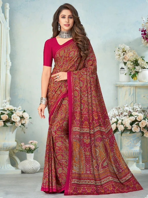 Women's Crepe Pink Printed Designer Saree With Blouse Piece Peter Pan Collar Blouse