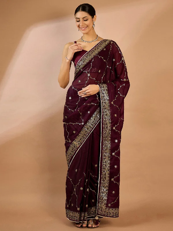 Women's Organza Burgundy Embellished Designer Saree With Blouse Piece Feminine Tie Blouse