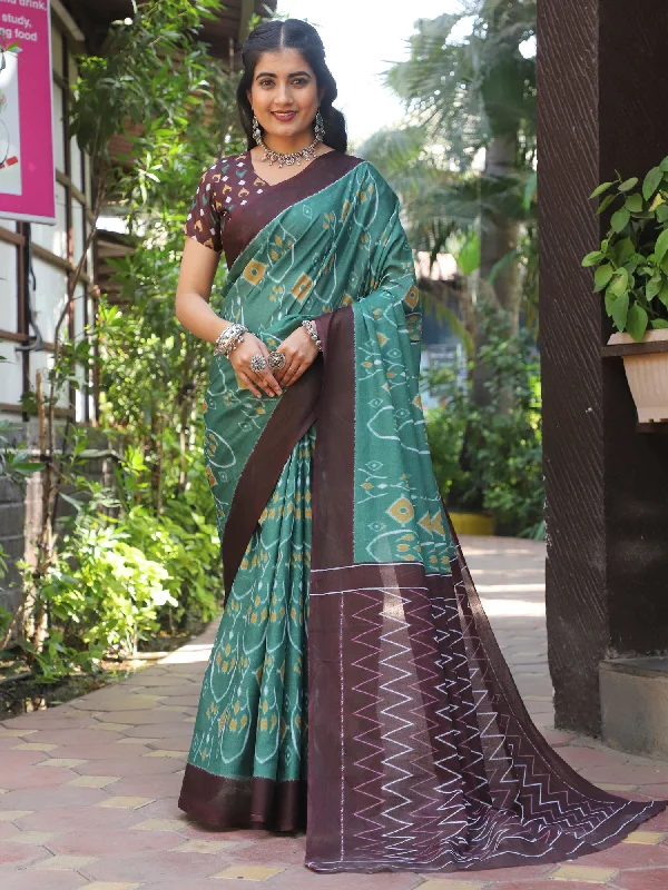 Women's Cotton Green Printed Designer Saree With Blouse Piece Polished Work Blouse