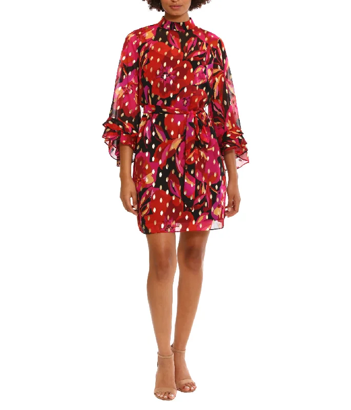 Mini Dress With Flared Sleeve And Ruffle Details Black/Red Casual High-Waist Mini Dress