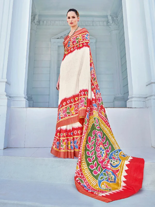Women's Cotton Blend White Printed Designer Saree With Blouse Piece Feminine Ruffle Blouse