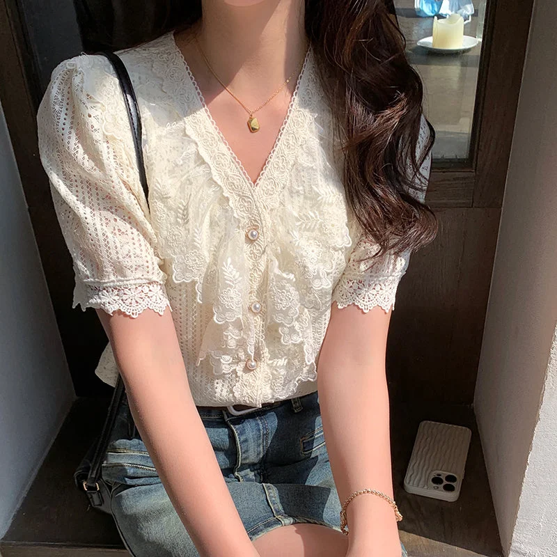 Ruffled V-neck Bubble Short Sleeve Lace Shirt-- Solid Print Embellished