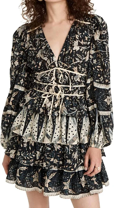 Nina Jacquard Puff Sleeve Tiered Ruffle Skirt Mini Dress In Rainforest Fashionable Boho-Chic Mini Dress